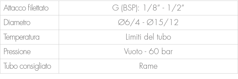 Attacco filettato,G (BSP): 1/8” 1/2”,Diametro, 6/4 15/12,Temperatura,Limiti del tubo ,Pressione,Vuoto 60 bar ,Tubo c...