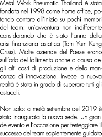 Metal Work Pneumatic Thailand è stata fondata nel 1998 come home office, potendo contare all inizio su pochi membri d   